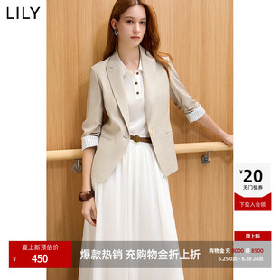 LILY2026夏新款女装莱赛尔亚麻混纺老钱风抽褶七分袖通勤西装外套