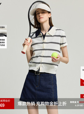 LILY2026新款女装学院风翻领条纹短款小上衣轻薄白色短袖针织衫