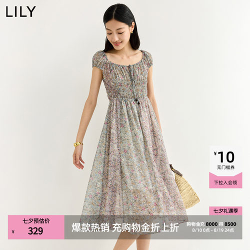 LILY通勤收腰碎花系带圆领连衣裙