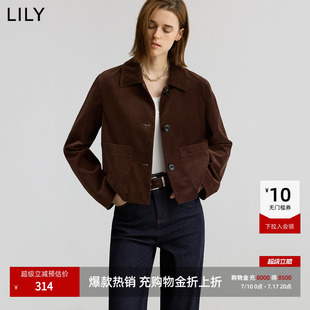 【商场同款】LILY2025秋新款女装纯棉复古巴恩风翻领通勤夹克外套