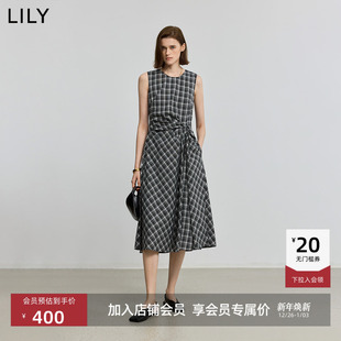圆领收腰背心连衣裙 复古设计感黑白格纹无袖 LILY2025新款 女装