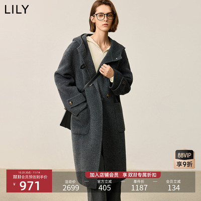 【商场同款】LILY2024冬新款女装绵羊毛连帽减龄双面呢大衣外套女