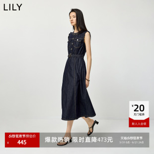 LILY2026夏新款含醋酸莱赛尔复古圆领收腰木耳边无袖牛仔连衣裙女