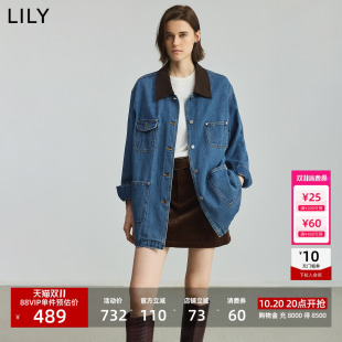 LILY2026新款牛仔外套女纯棉复古风工装翻领通勤休闲蓝色长袖夹克