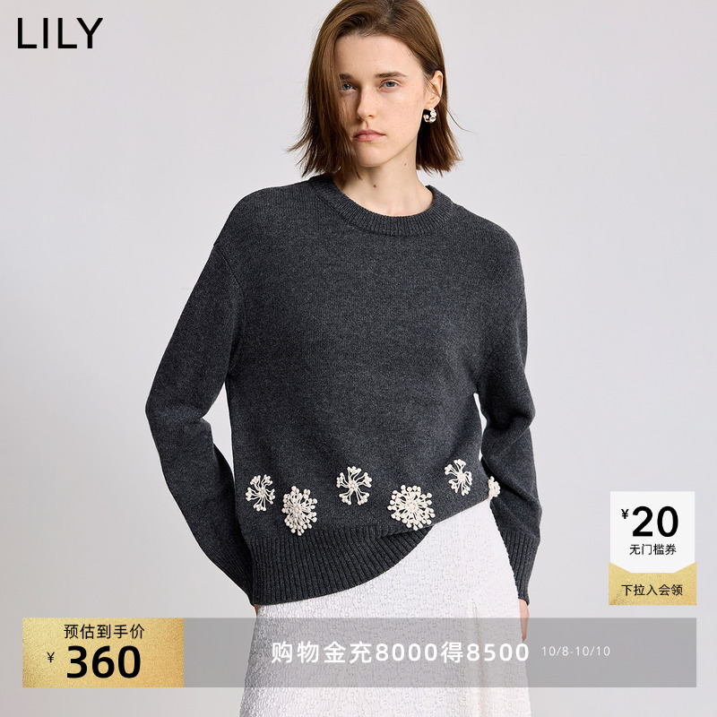 LILY2025冬新款羊毛混纺格雷系手工蕾丝雪花钩花套头针织衫毛衣女