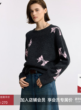 LILY2025冬新款女装含羊毛撞色蝴蝶结提花通勤圆领套头针织衫毛衣