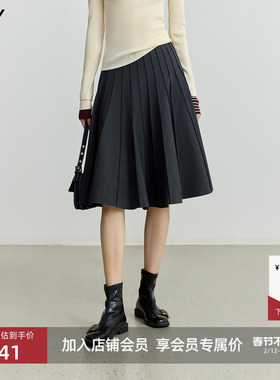 LILY2025新款女装格雷系学院风高腰通勤百褶裙A字半身裙小个子
