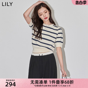 LILY2024春新款女装复古条纹时尚通勤气质泡泡袖修身短款毛针织衫