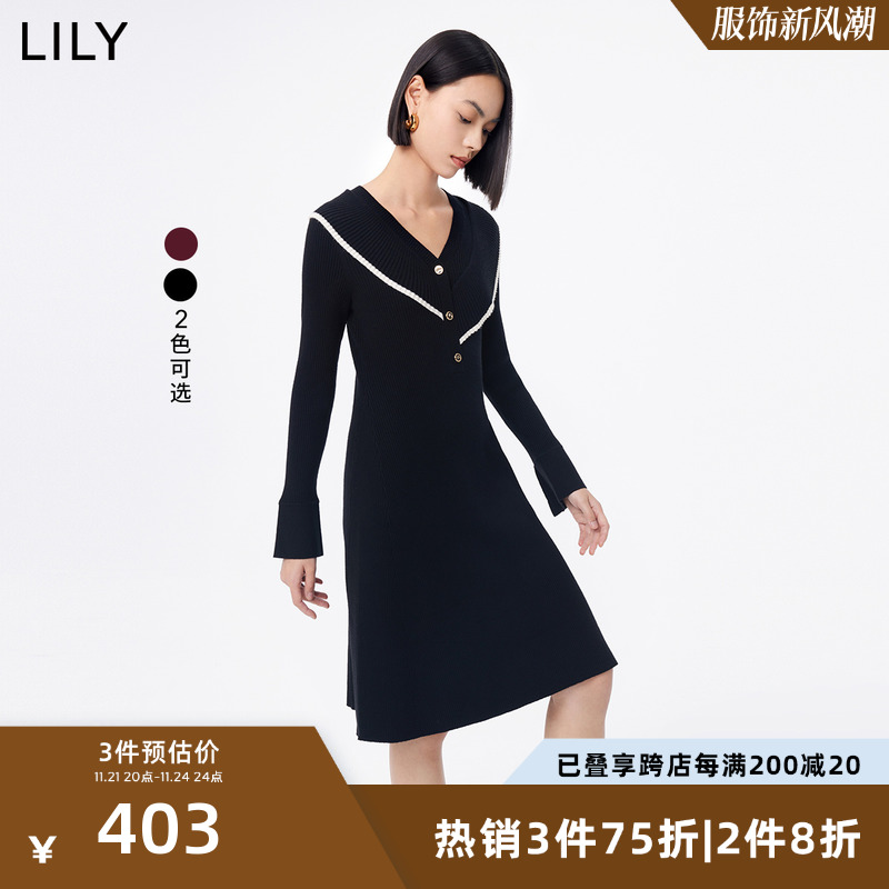 LILY2023冬新款女装气质优雅通勤款荷叶花边修身针织连衣裙小个子