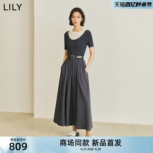 女装 LILY2024春新款 时尚 商场同款 设计感假两件高腰A字连衣裙