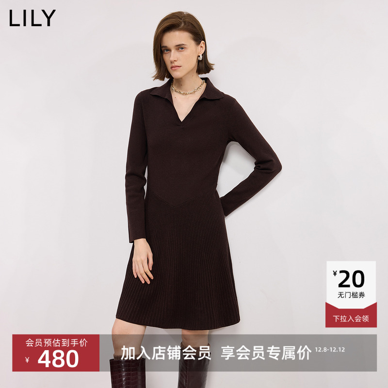 LILY通勤翻领长袖修身连衣裙