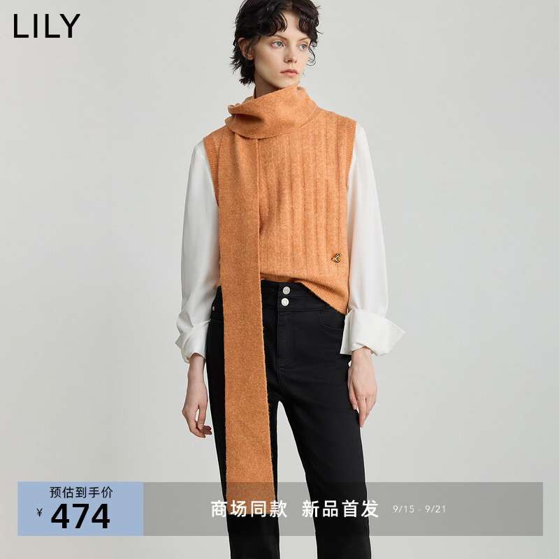 【商场同款】LILY2025秋新款女装羊毛混纺两穿含围巾针织开衫马甲