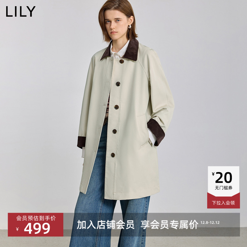 LILY巴恩撞色翻领中长款休闲风衣