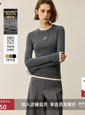 100%羊毛LILY2025冬新款简约修身圆领百搭通勤针织衫女内搭打底衫
