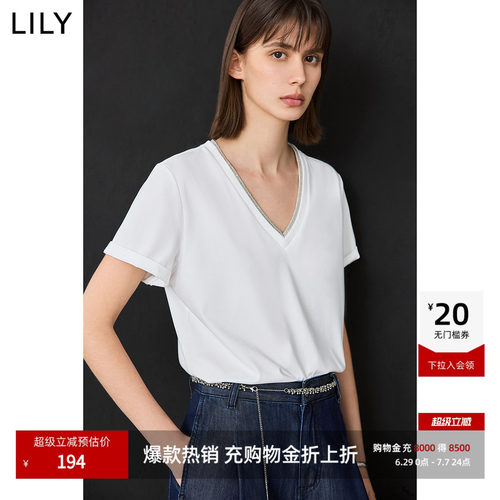 LILY新款V领假两件休闲百搭T恤