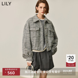 女装 LILY新款 绵羊毛混纺格纹小香风外套女短款 商场同款
