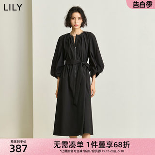 LILY2024春新款女装宽松圆领黑色气质连衣裙长款灯笼袖长裙小黑裙