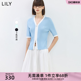 女装 设计感拼色气质通勤款 V领基础款 LILY2024夏新款 修身 针织开衫