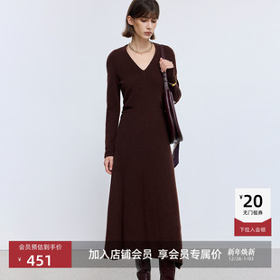 LILY2025冬新款 连衣裙女 羊毛牦牛绒混纺复古花纱V领收腰深色长袖
