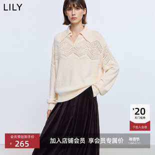 LILY2025冬新款女装羊毛混纺法式镂空绣花翻领气质通勤针织衫毛衣