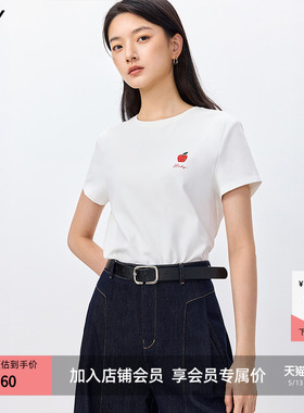 LILY2026春新款撞色苹果刺绣磨毛暖感休闲通勤圆领白色短袖T恤女