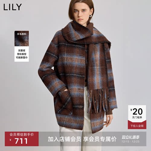 LILY羊毛混纺格纹学院风毛呢外套