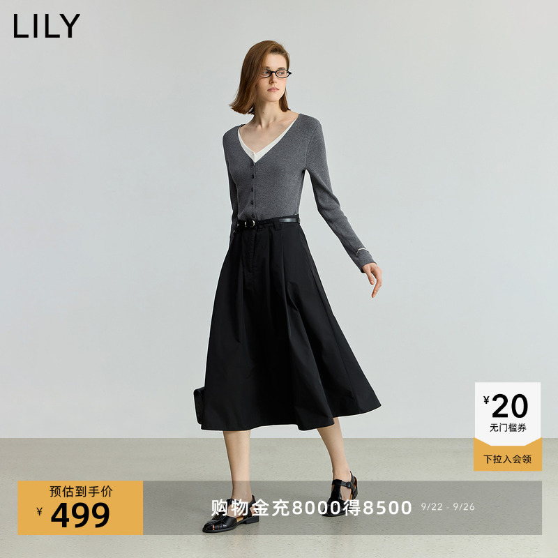 LILY通勤假两件混纺长袖连衣裙