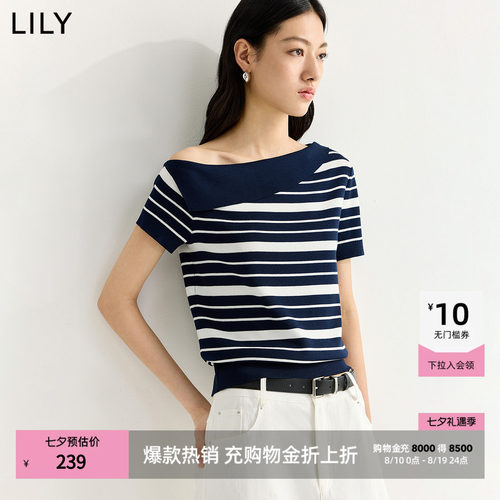 LILY斜肩通勤藏青色短款针织衫衣