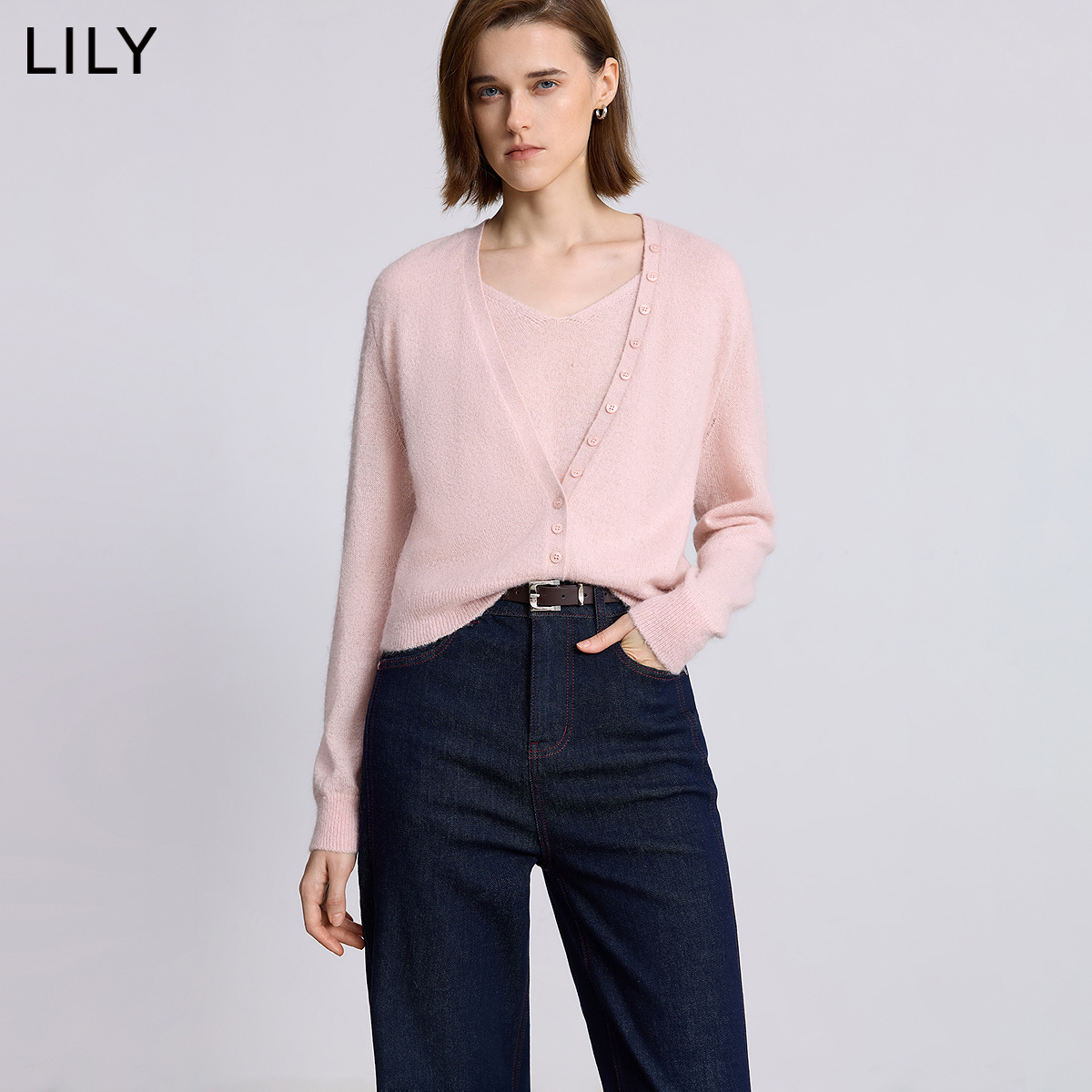 【商场同款】LILY2025冬新款女装含羊毛假两件通勤浅色针织开衫
