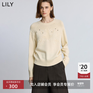 LILY2025冬新款女装羊毛混纺软糯生肖马亮钻链条绣加厚针织衫毛衣