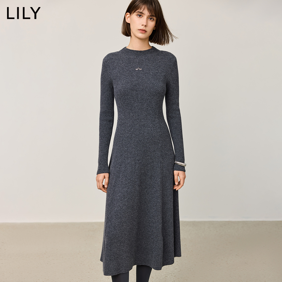 【100%绵羊毛】LILY2024冬新款女装气质弹力修身收腰垂感连衣裙女