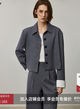 LILY新款女装格雷系翻领显高宽松休闲通勤款灰色短款外套女