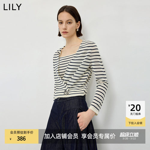 LILY2026夏新款含亚麻设计感假两件撞色条纹宽松休闲通勤针织衫女