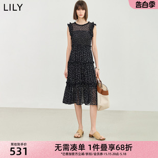 高腰显瘦连衣裙小黑裙 复古碎花轻薄花边无袖 法式 LILY2024夏新款