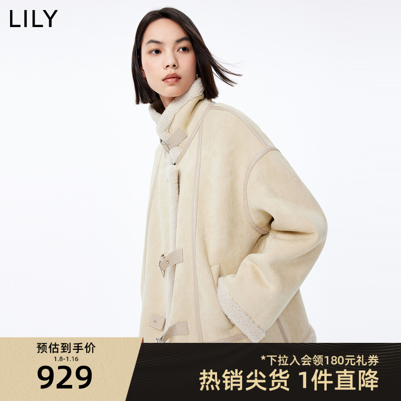 LILY2023冬新款女装帅气机车休闲都市通勤款宽松柔软外套小个子女