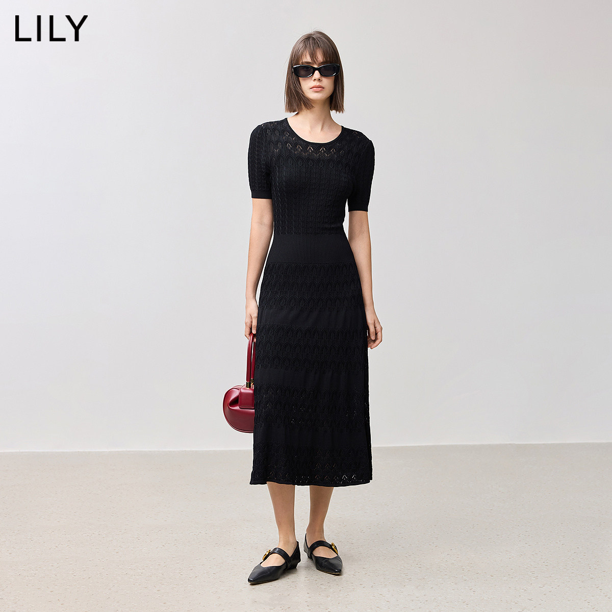 【LILY时光小黑裙】商场同款2025春新款女装浪漫蕾丝泡泡袖连