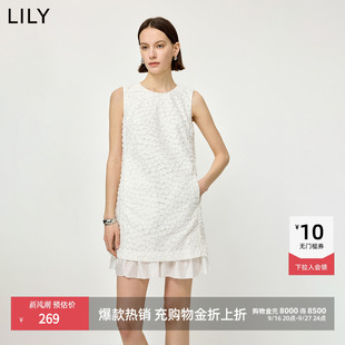 LILY2026夏新款女装含莱赛尔亚麻欧根纱肌理感无袖圆领白色连衣裙