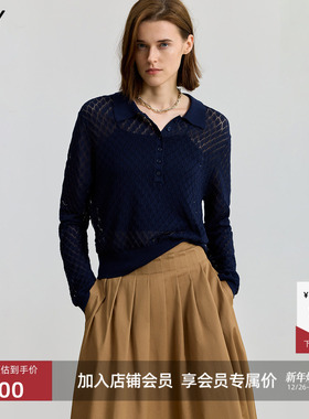 【商场同款】LILY2025新款女装复古POLO领镂空藏青色针织衫毛衣