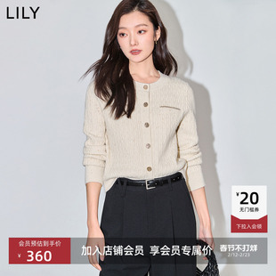 LILY2026春新款女装小香风含绵羊毛通勤短款修身米色针织开衫外套