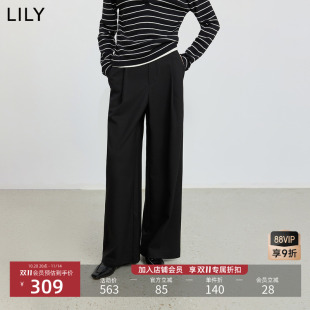 长裤 LILY2025冬新款 休闲裤 含羊毛高腰弹力宽松显瘦黑色阔腿裤 女装