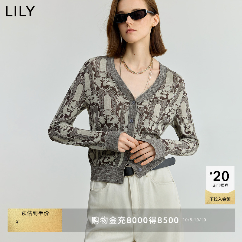 LILY复古老花通勤长袖针织开衫