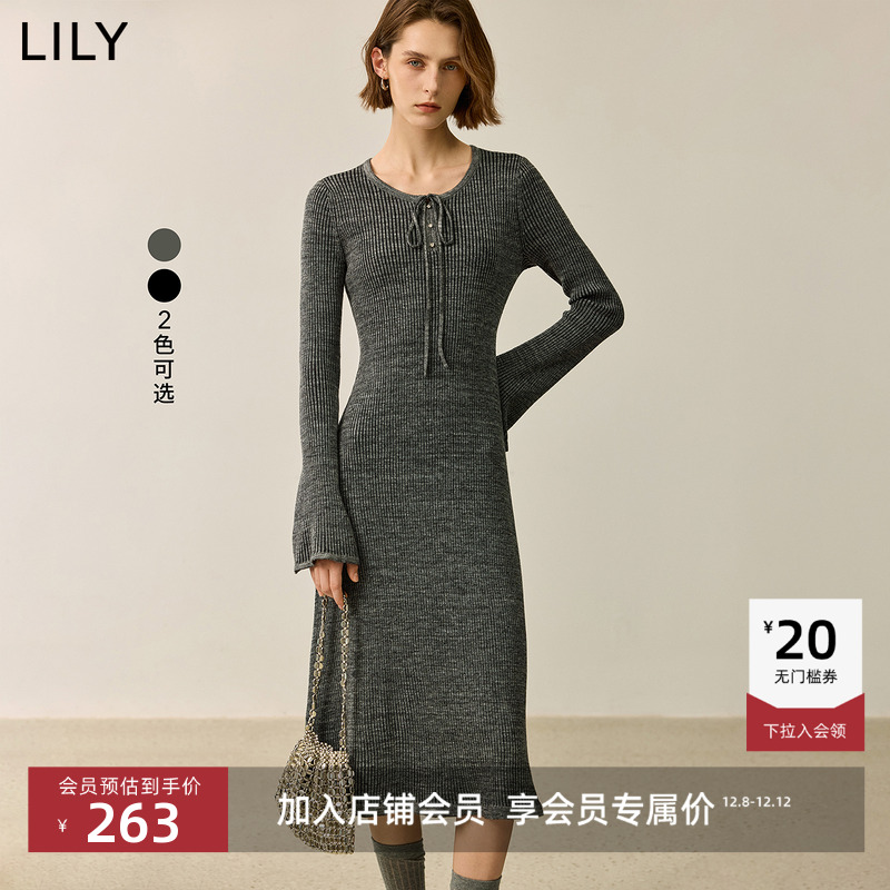 LILY修身显瘦系带喇叭袖连衣裙
