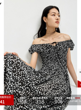LILY2026夏新款莱赛尔亚麻法式系带碎花气质通勤黑色短袖连衣裙女