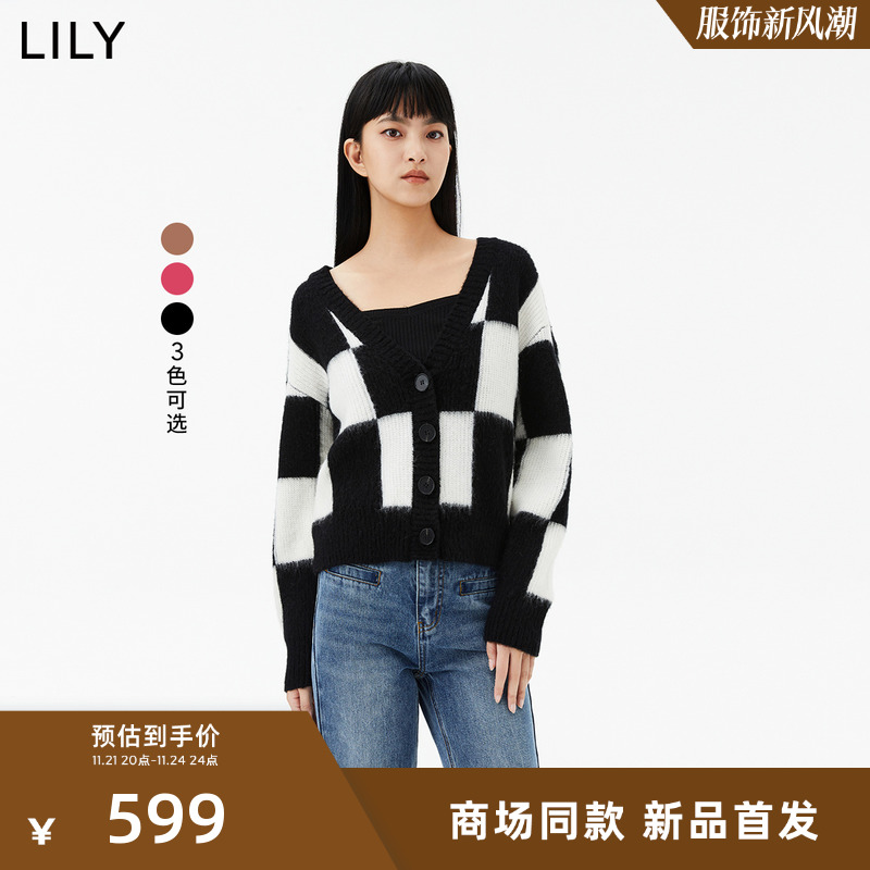 【专柜甄选】LILY2023冬新款女装含绵羊毛马海毛格纹V领针织开衫