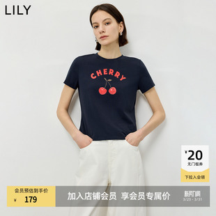 LILY2026夏新款 T恤女 含莱赛尔简约撞色水果字母印花正肩圆领短袖