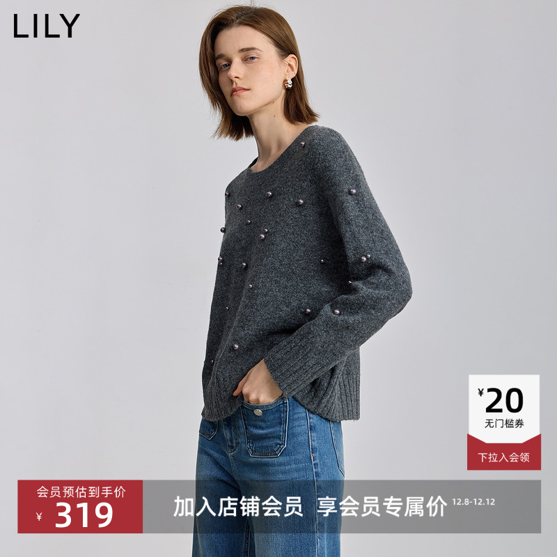 LILY套头圆领格雷加厚钉珠针织衫