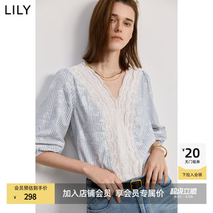条纹蕾丝衬衫 LILY2026新款 百搭通勤显瘦泡泡中袖 上衣法式 女 雪纺衫