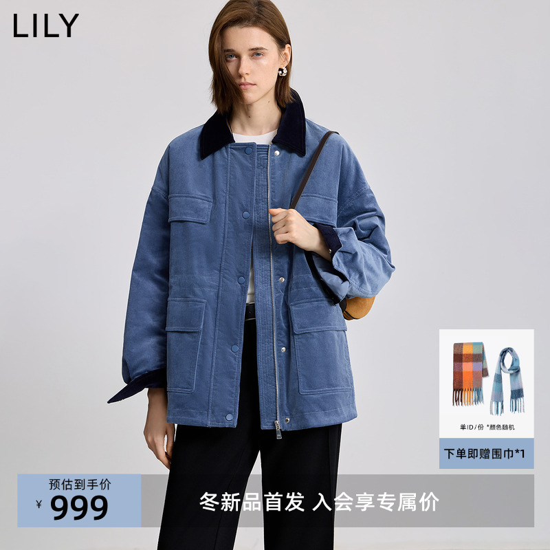 LILY2025冬新款女装灯芯绒收腰撞色工装气质通勤90鸭绒羽绒服外套