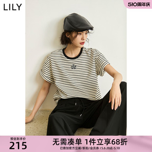 休闲通勤款 LILY2024夏新款 时尚 T恤 女装 百搭宽松舒适透气条纹短袖