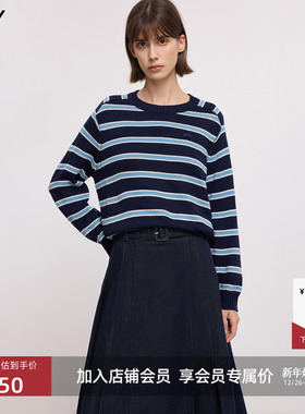 LILY2025冬新款女装含羊毛山羊绒复古条纹加厚针织衫圆领套头毛衣